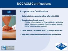 NCCAOA certifications slide with acupuncture certification bullet points and blue medical imagery