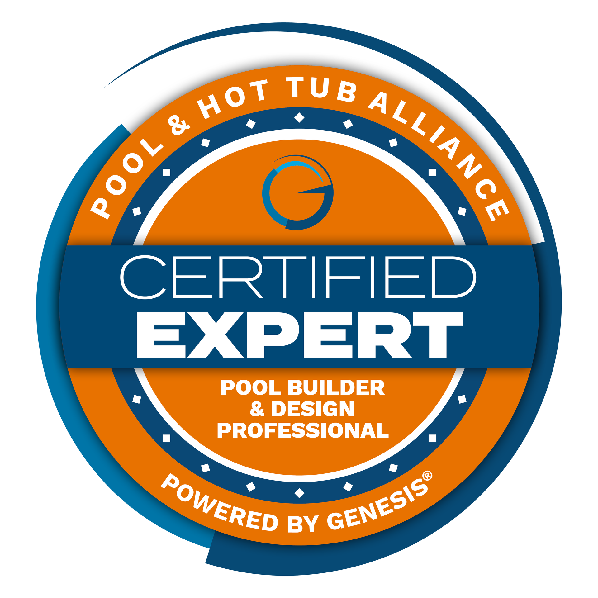 Blue and orange “Certified Expert” Pool & Hot Tub Alliance badge, Pool Builder & Design Professional
