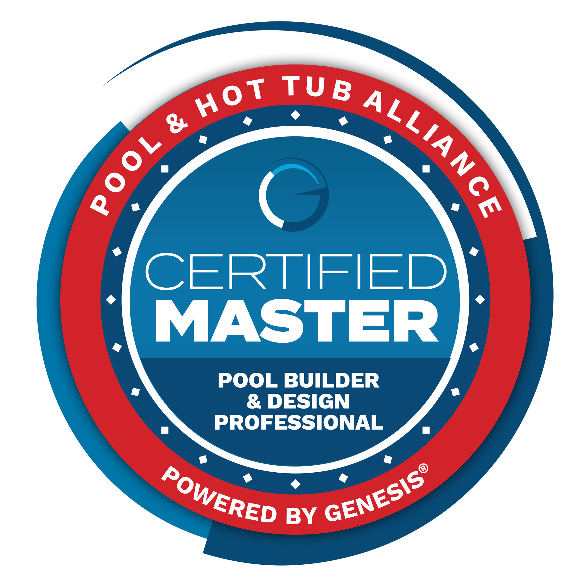 Circular blue-and-red “Certified Master” Pool & Hot Tub Alliance badge with “Pool Builder & Design Professional” text