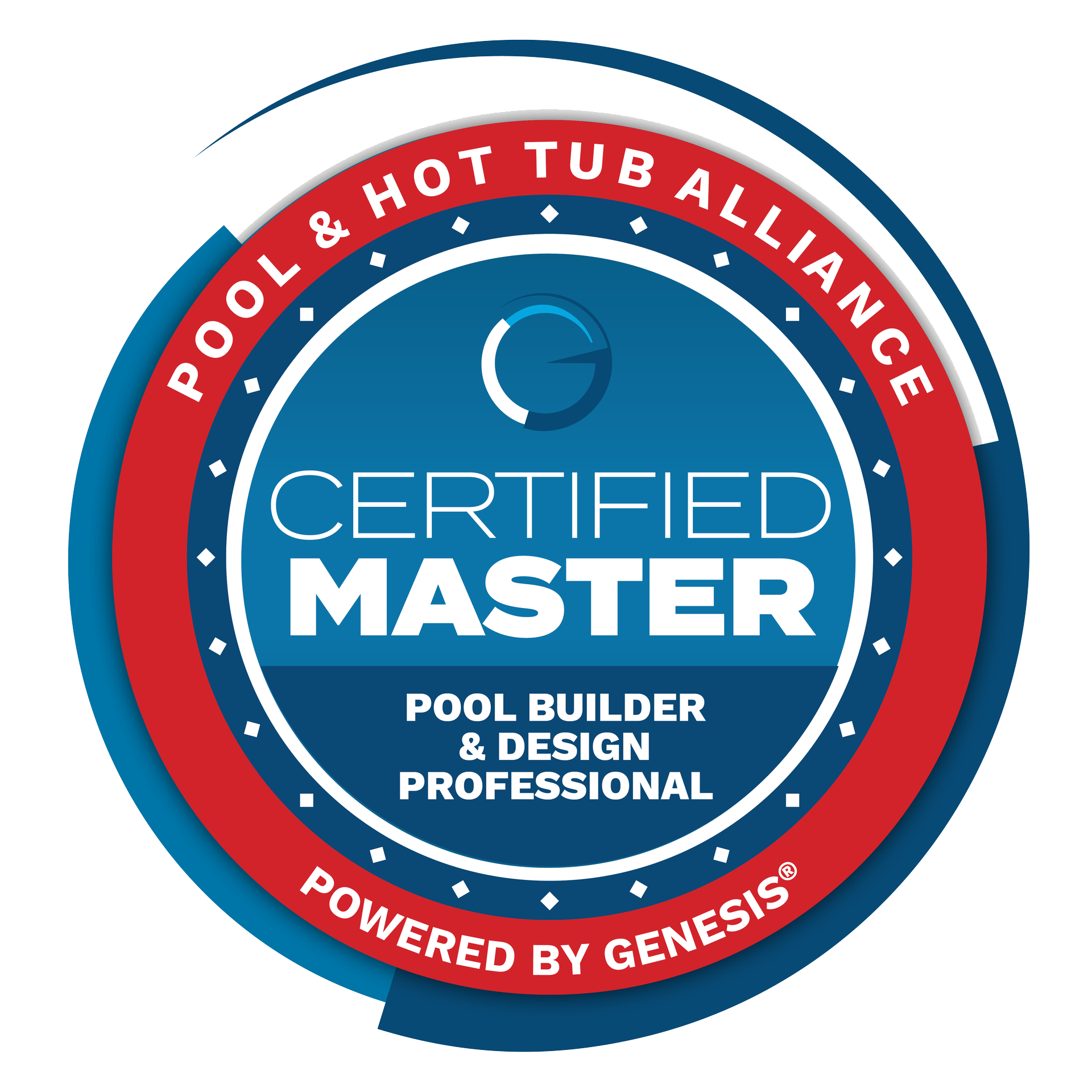 Blue and red circular Pool & Hot Tub Alliance “Certified Master” pool builder emblem