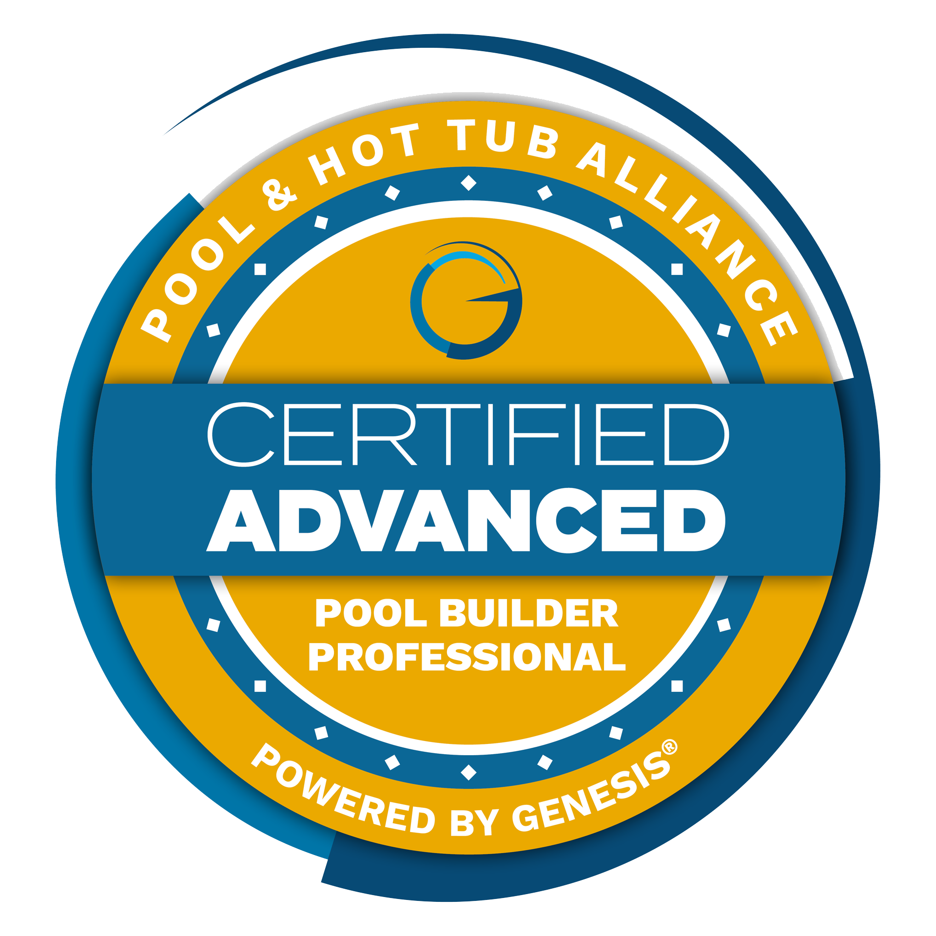 Blue and gold Certified Advanced Pool Builder Professional badge, Pool & Hot Tub Alliance logo.