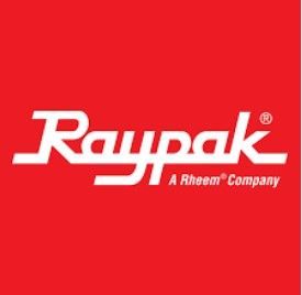 Raypak logo in white on a red background, with “A Rheem Company” tagline
