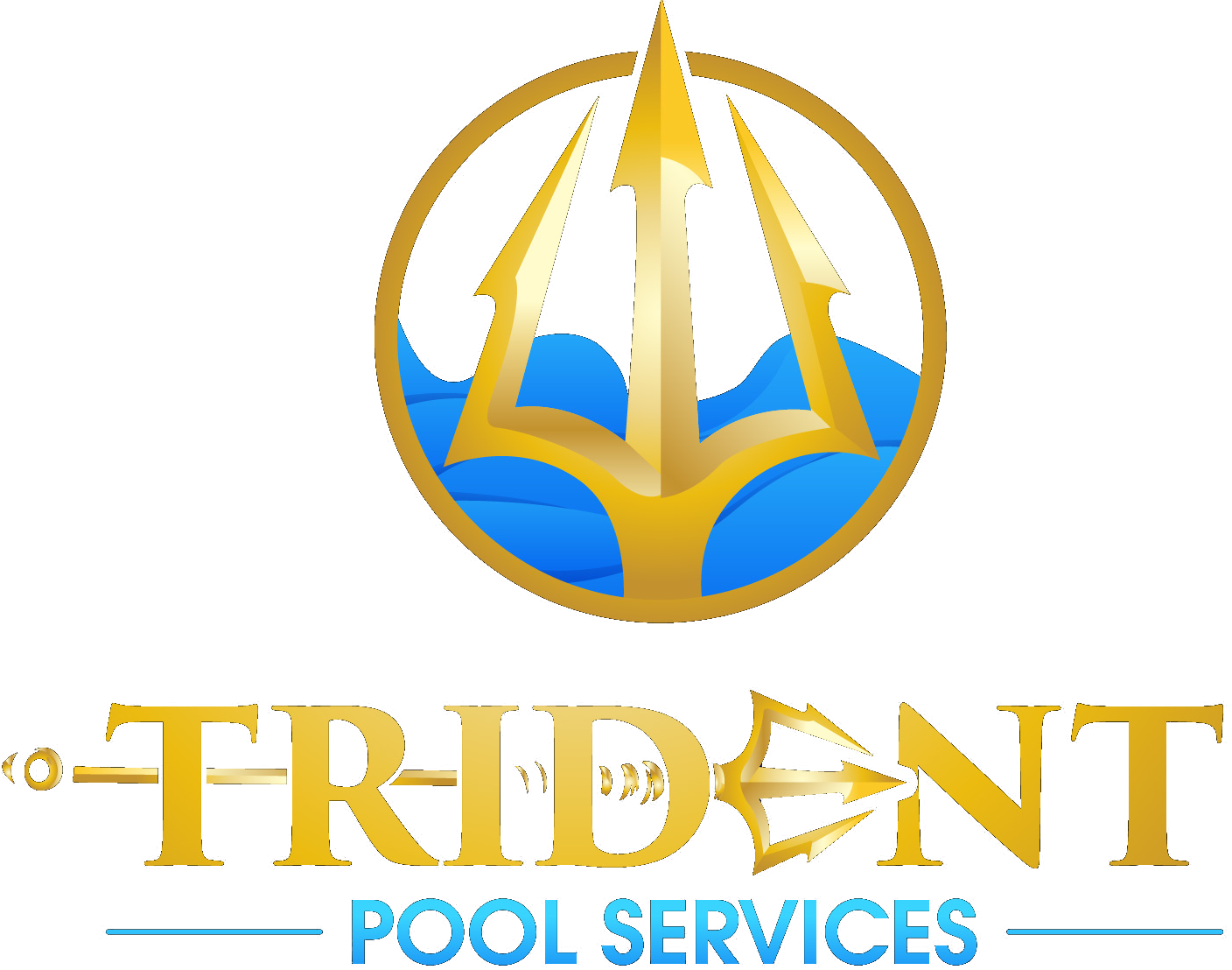 Golden trident logo with blue waves above the words “TRIDENT POOL SERVICES”