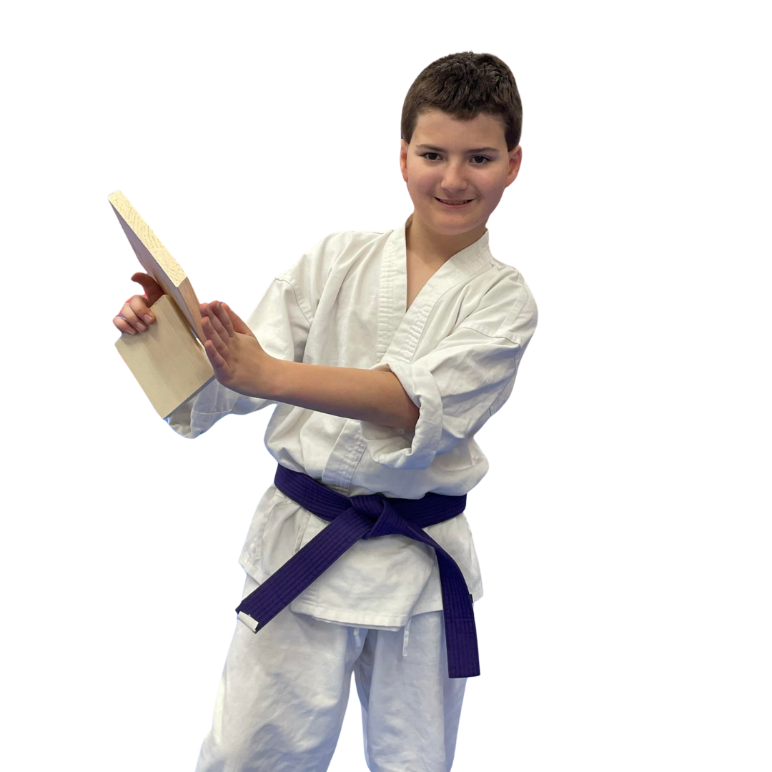 A boy and a girl are practicing karate with black belts