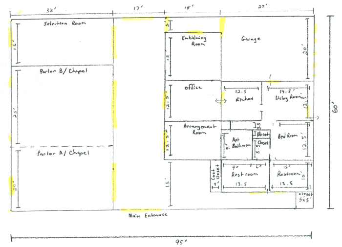 Hand-drawn floor plan of a building with labeled rooms including a garage, office, and chapel. Dimensions are included.