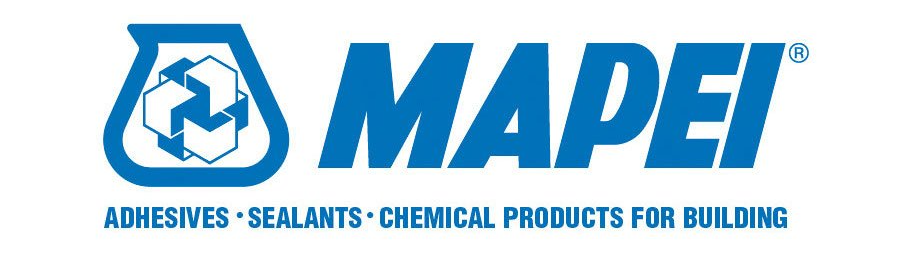 MAPEI logo in blue and black with hexagonal icon and tagline: adhesives, sealants, chemical products for building