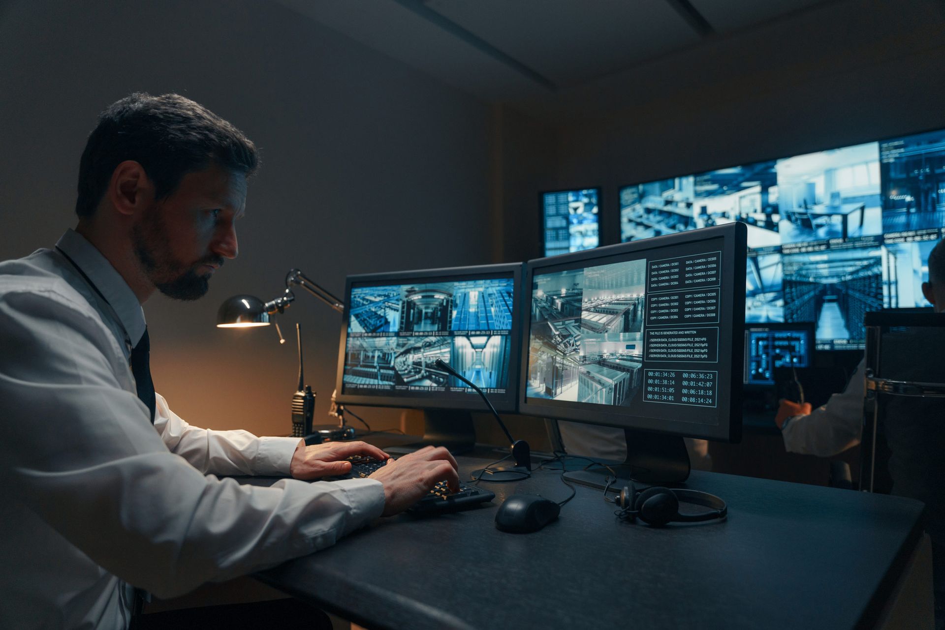 Security guards monitoring advanced indoor CCTV cameras.