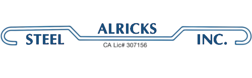 A blue and white logo for alricks steel inc.
