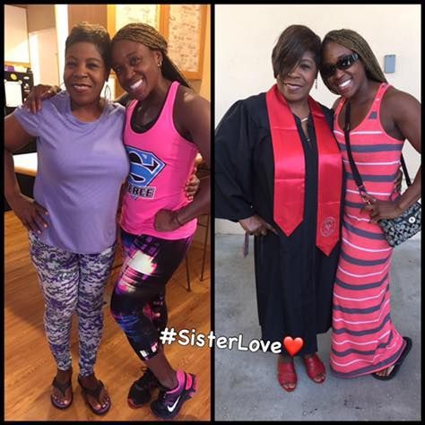 Two women posing for a picture with the hashtag sisterlove