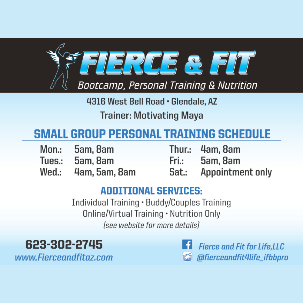 A poster of the schedule for fierce & fit boot camp personal training & nutrition