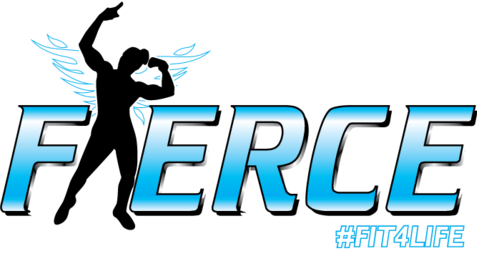 A fierce logo with a silhouette of a fitness woman with wings
