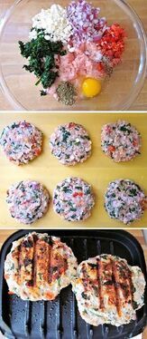 A collage of three pictures showing how to make a turkey burger.