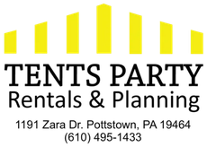 Logo for Tents Party Rentals & Planning, yellow tent graphic above text, address and phone.