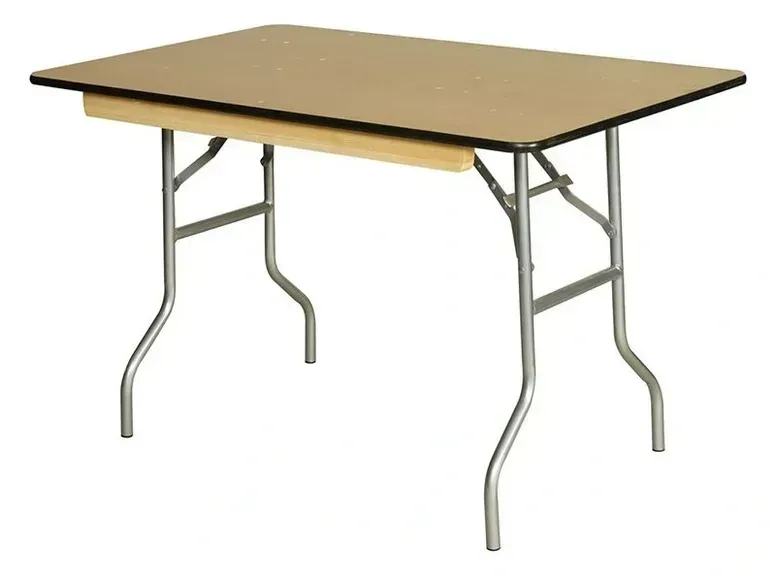 Rectangular folding table with brown top and metal legs