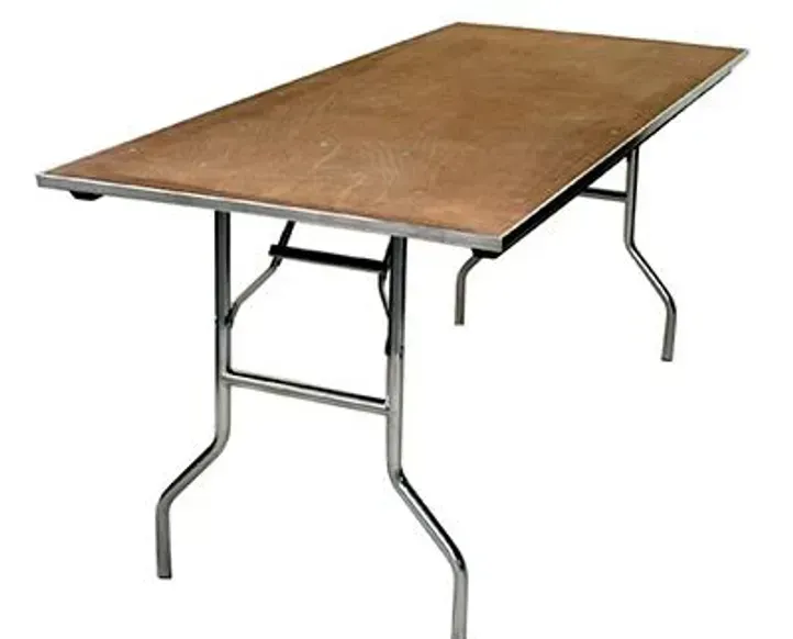 Rectangular folding table with brown top and metal legs