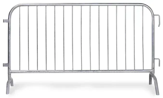 Silver metal crowd-control barricade on white background