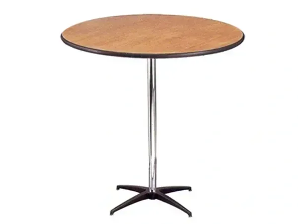 Round wooden café table with chrome pedestal base on a white background