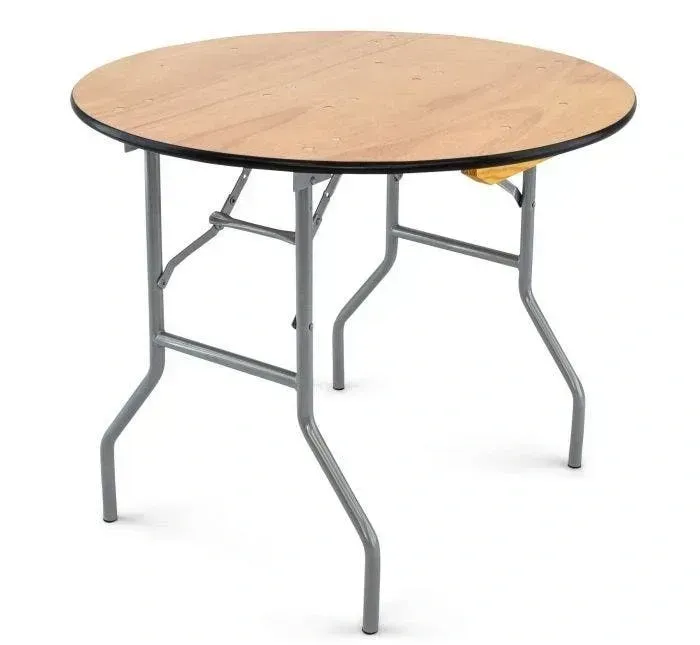 Round folding table with light wood top and gray metal legs on a white background