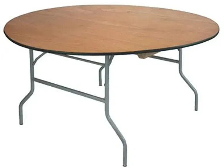 Round wooden folding table with gray metal legs