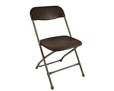 Brown folding chair with metal frame and padded seat and backrest