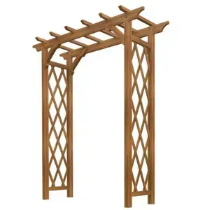 Wooden garden arbor trellis with lattice sides and curved top beams
