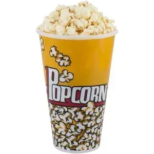 Yellow popcorn bucket with the word “Popcorn,” filled to the top with popcorn pieces