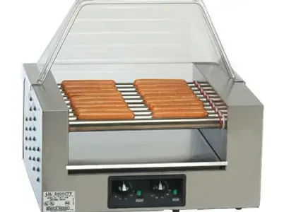 Countertop hot dog roller grill with several hot dogs under a clear warming cover.