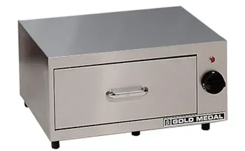 Stainless steel pizza oven with front door handle and black control knob on the right