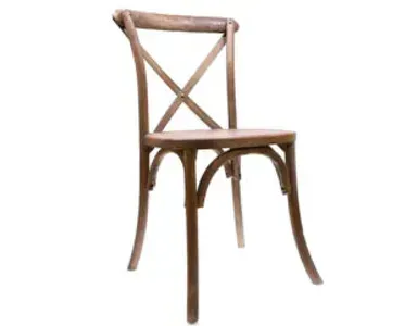 Wooden dining chair with curved legs and an X-shaped backrest on a white background