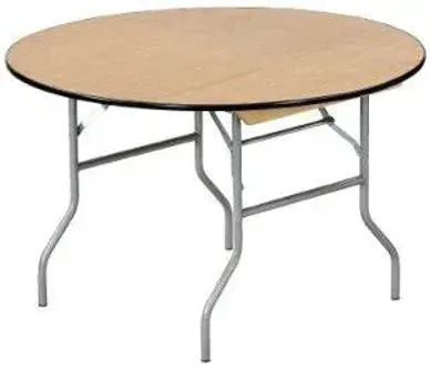 Round wooden folding table with metal legs