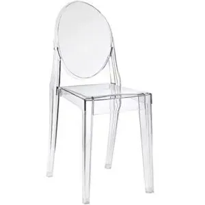 Transparent modern chair with an oval back and clear legs on a white background