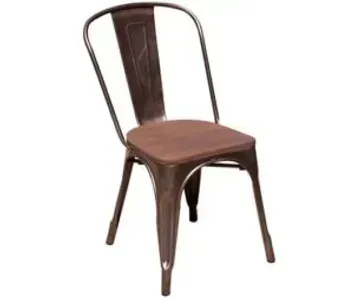 Brown metal chair with a curved backrest and seat, shown on a white background