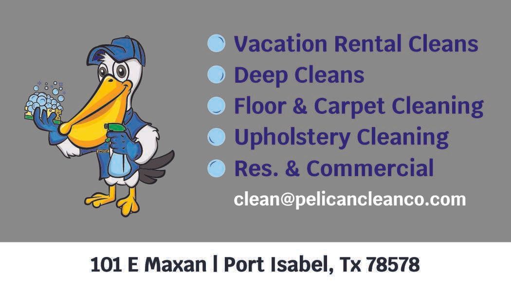 A pelican is holding a bottle of cleaner on a business card for vacation rental cleans