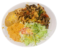 Plate with rice, grilled vegetables, and a fresh green salad with tomato slices