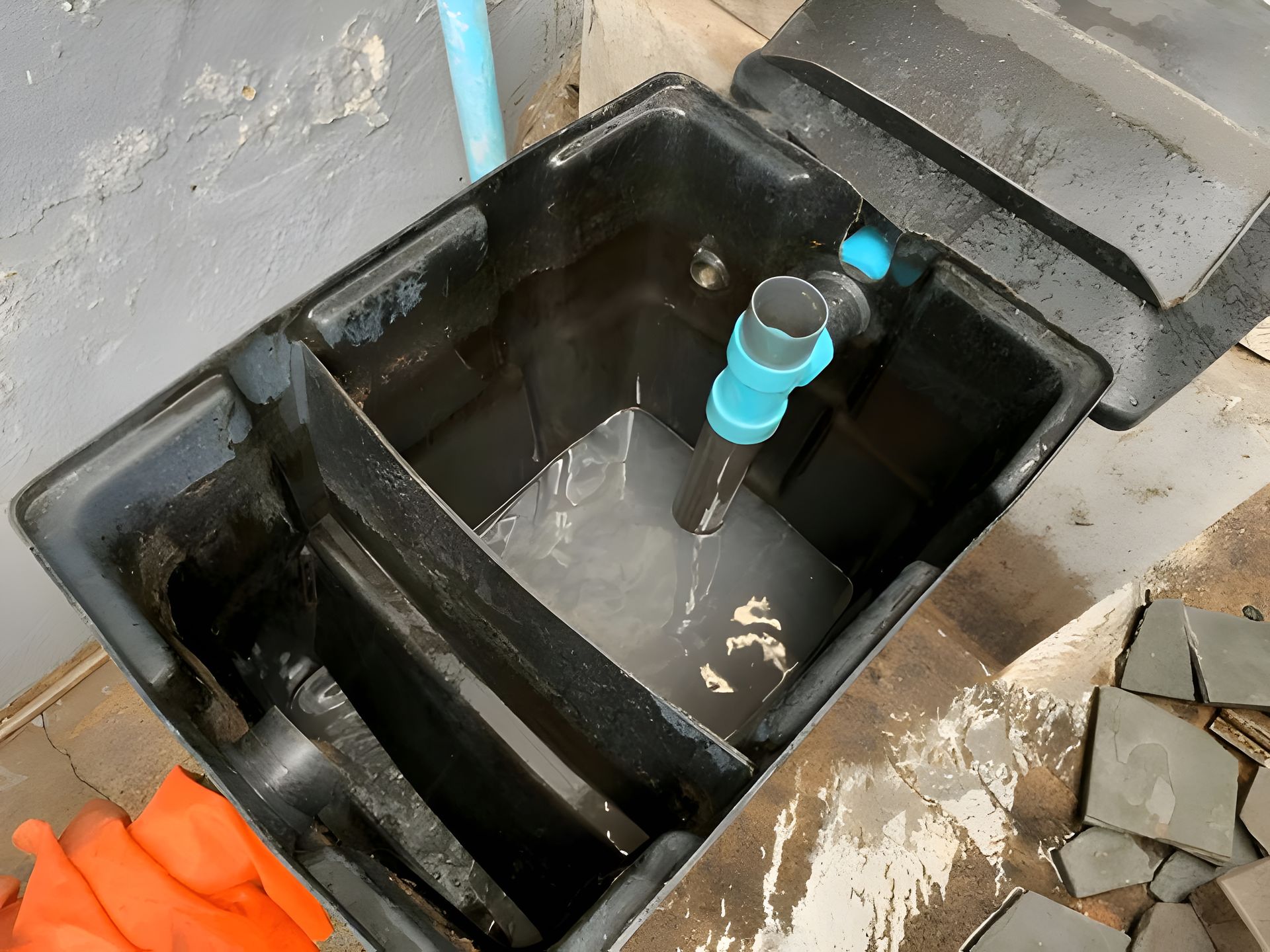 Open Black Drainage Box With Water, Blue Pipes, and Gray Concrete — Paap's Cleansing Services in Bundaberg, QLD
