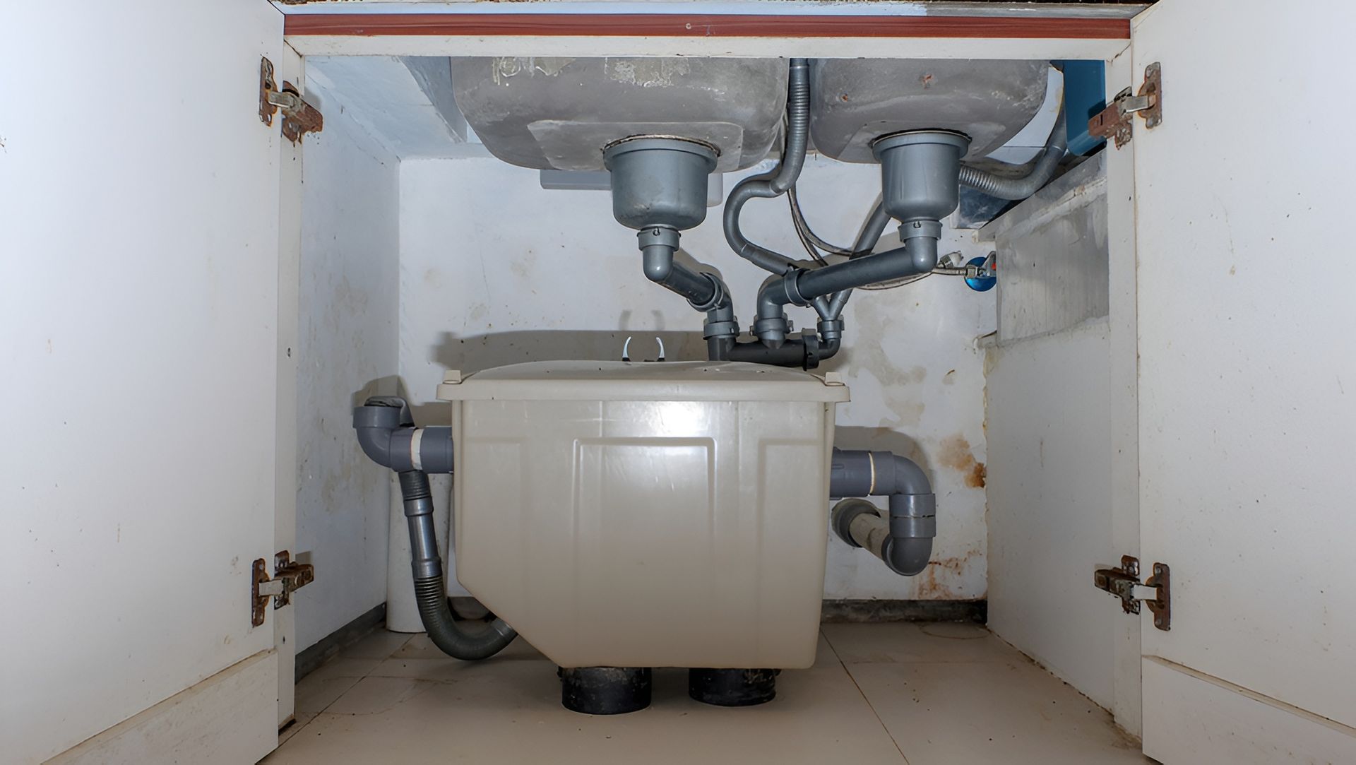Kitchen Cabinet With Plumbing Beneath a Double Sink — Paap's Cleansing Services in Branyan, QLD