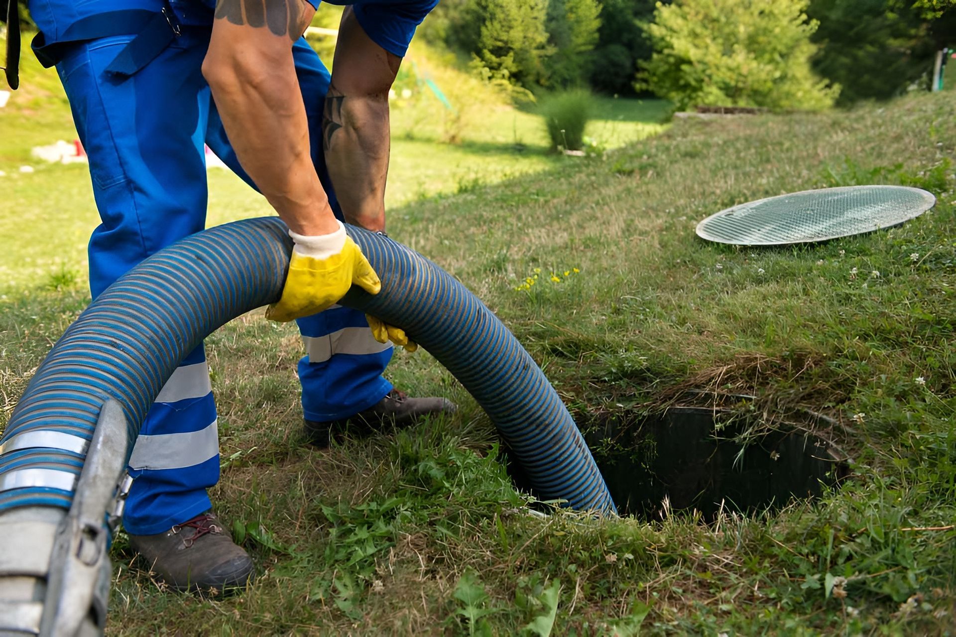 Man in Blue Overalls Pumping a Septic Tank on a Grassy Lawn — Paap's Cleansing Services in Branyan, QLD