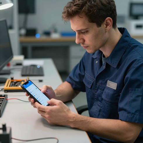 Técnico con camisa azul usando un teléfono inteligente