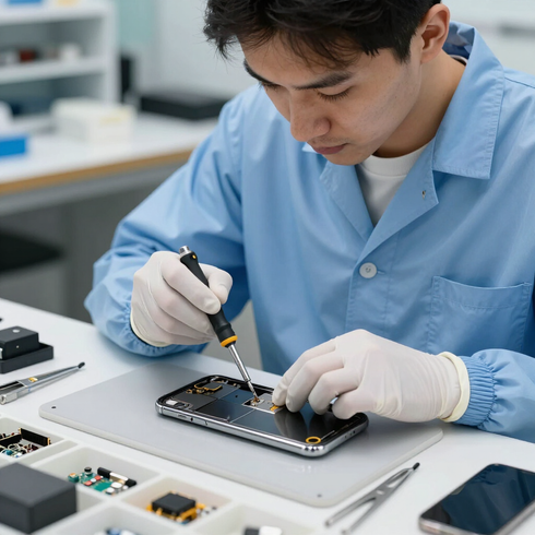 Técnico con bata y guantes azules reparando la placa de circuito de un teléfono inteligente en un banco de trabajo.