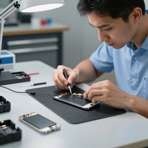 Técnico reparando un teléfono inteligente en un banco de trabajo con herramientas y repuestos para teléfonos.