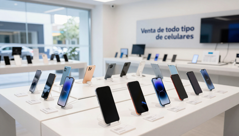 Técnico reparando un teléfono inteligente en un banco de trabajo con herramientas y repuestos para teléfonos.