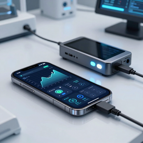 Un teléfono inteligente y un dispositivo portátil conectados por cables