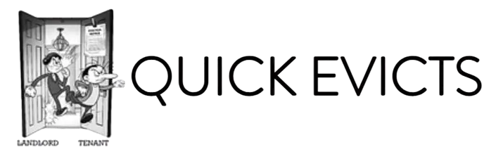 A logo for "QUICK EVICTS" featuring a cartoon of one person kicking another out of an open doorway.