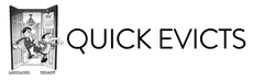 A logo for "QUICK EVICTS" featuring a cartoon of one person kicking another out of an open doorway.