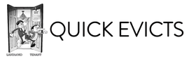 A logo for "QUICK EVICTS" featuring a cartoon of one person kicking another out of an open doorway.