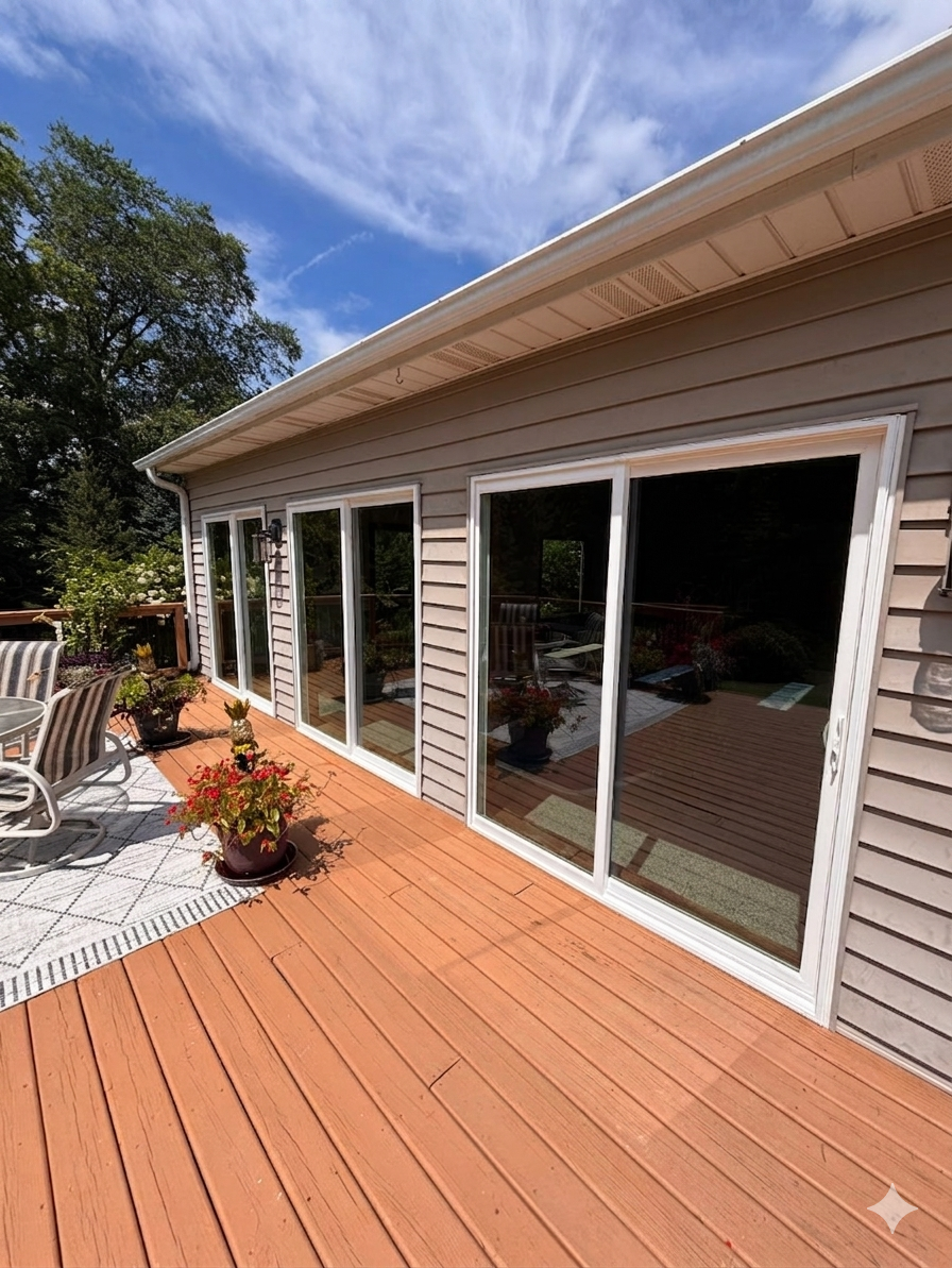 Sliding glass doors along a tan house opening onto a red wooden deck in bright sunlight
