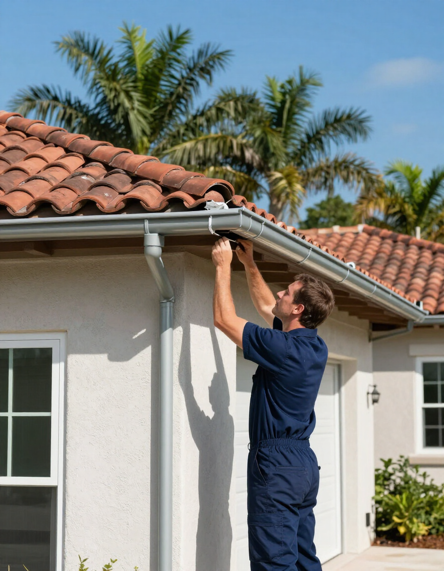 Broadside gutter installer working on a Fleming Island home
