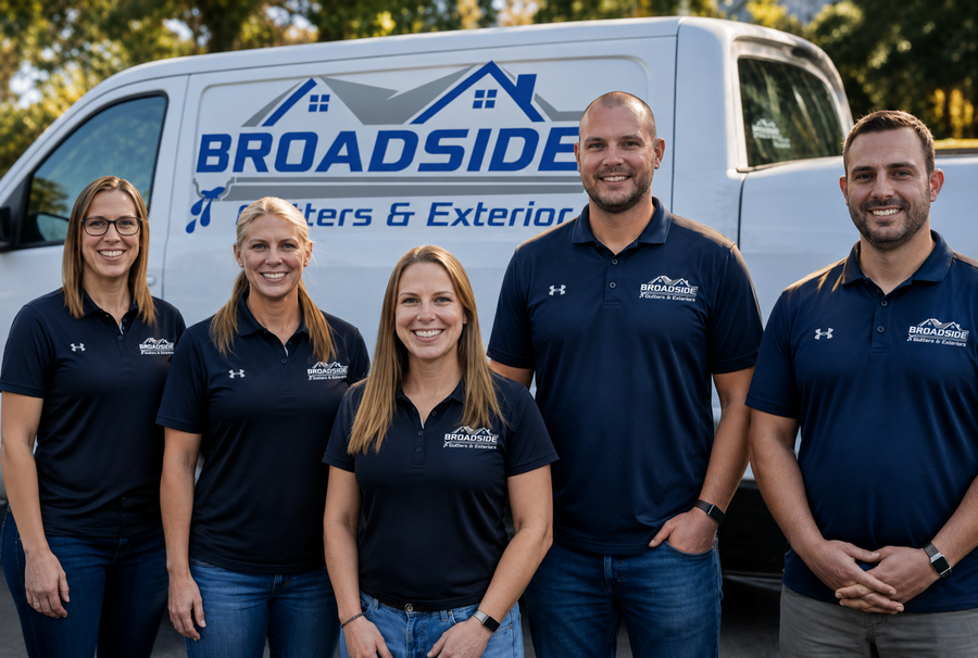 Broadside Gutter & Exteriors team posing in navy polos beside company van