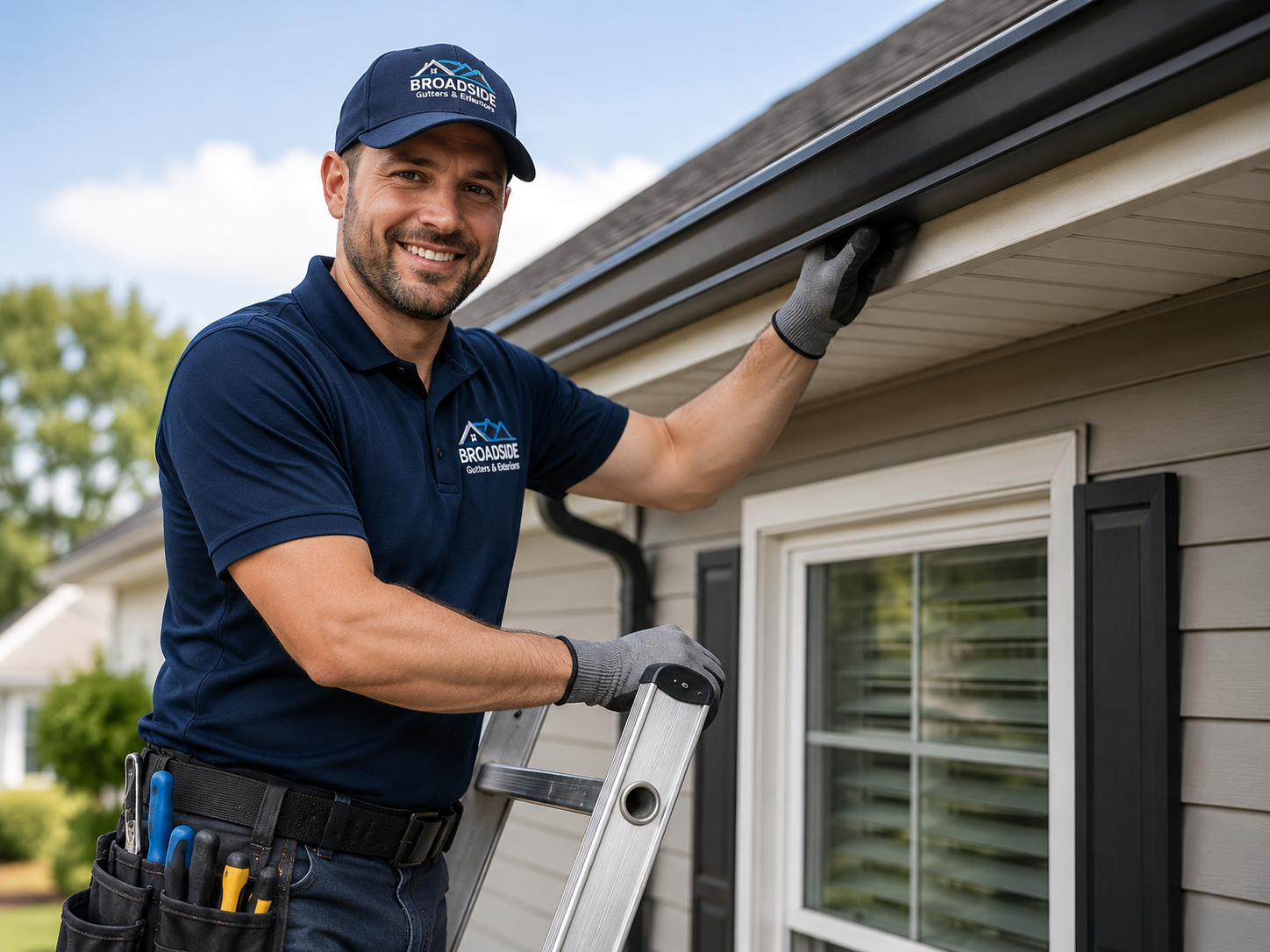 Smiling roofer in navy uniform inspecting a house gutter on a ladder