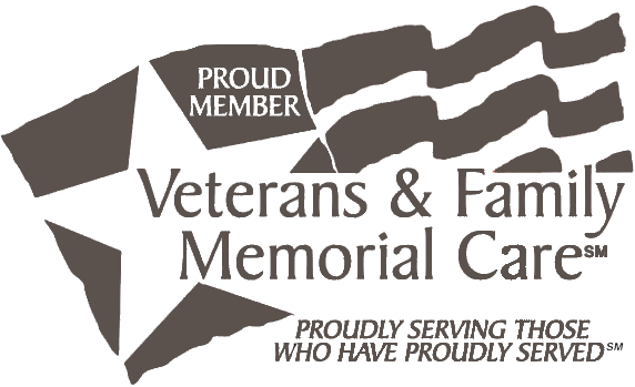 The logo for veterans and family memorial care is proudly serving those who have proudly served.